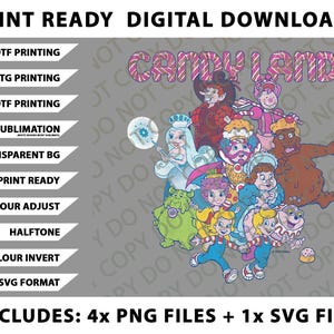 Peut inclure: Téléchargement numérique avec un graphisme Candy Land coloré, avec des personnages. Comprend des options pour l'impression DTF, DTG, UVDTF, la sublimation et le format SVG. Le texte "Print Ready Digital Downloads" est également inclus.