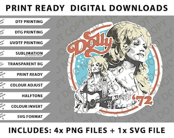 May include: Digital download graphic featuring a portrait of a woman with blonde hair, a guitar, and the word "Dolly" in a retro design. Includes PNG and SVG files for DTF, DTG, UVDTF printing, and sublimation.