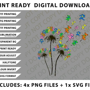 Könnte beinhalten: Digitaler Download-Grafik mit bunten tanzenden Bären, die von Pusteblumen-Samenköpfen schweben. Das Bild enthält den Text: "PRINT READY DIGITAL DOWNLOADS" und "INCLUDES: 4x PNG FILES + 1x SVG FILE".