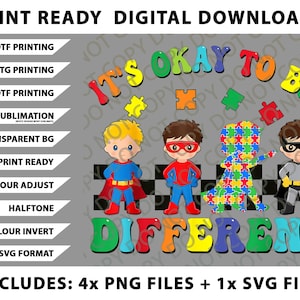 以下が含まれることがあります： 「It's Okay to Be Different」のテキストとスーパーヒーローとパズルのイラストが描かれたデジタルダウンロードグラフィック。4つのPNGファイルと1つのSVGファイルが含まれています。