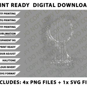 May include: Digital download graphic with text "PRINT READY DIGITAL DOWNLOADS". Includes files for DTF, DTG, UVDTF printing, sublimation, and SVG format. Features a guitar design in a grey colour.
