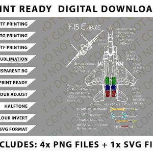 May include: Digital download graphic featuring an F-15 Eagle fighter jet schematic with technical data. Includes multiple file formats for DTF, DTG, and UVDTF printing, with options for color adjustment and halftone effects. The image is on a gray background.