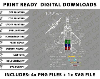 F-15 Eagle Specs  TShirt Military Fighter Jet  Png Bundle, SVG Files, Digital Downloads