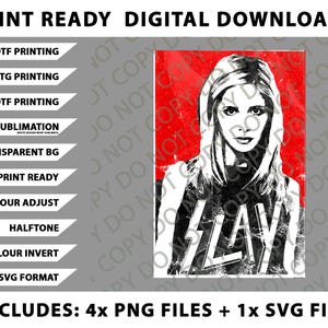 Könnte beinhalten: Digitaler Download mit einem Schwarz-Weiß-Porträt einer Frau mit dem Wort "SLAY" in fetten Buchstaben. Der Hintergrund ist ein verwaschenes Rot. Enthält 4 PNG-Dateien und 1 SVG-Datei.