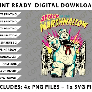 Puede incluir: Gráfico de descarga digital con el hombre de malvavisco Stay Puft de "Cazafantasmas" con el texto "Attack of the Marshmallow". Incluye múltiples archivos PNG y un archivo SVG. El diseño es de estilo caricatura con estética retro.