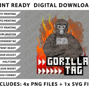 Puede incluir: Gráfico de descarga digital con un gorila de cara blanca, sobre un fondo de fuego. El diseño incluye el texto "GORILLA TAG" en negrita, con una fuente pixelada, e incluye 4 archivos PNG y 1 archivo SVG.