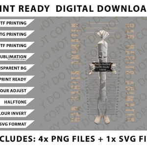 Puede incluir: Gráfico de descarga digital con un personaje de porro de dibujos animados que sostiene un letrero de registro policial. La imagen incluye texto para impresión DTF, DTG, UVDTF, sublimación y formato SVG. El fondo es un degradado gris.
