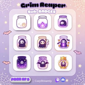 Może przedstawiać: Zestaw dziewięciu cyfrowych odznak subskrypcyjnych zatytułowanych Grim Reaper Sub Badges, przedstawiających fioletowe ilustracje ponurych żniwiarzy w szklanych słoikach, w tym warianty z odciskiem łapy, płomieniem, śpiącą postacią, kosą, cukierkami, gwiazdami, skrzydłami i koroną.