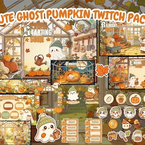 May include: A digital graphic set titled CUTE GHOST PUMPKIN TWITCH PACK featuring illustrations of ghosts in green beanies within a greenhouse filled with orange pumpkins, including stream overlays, panels, and icons in a warm autumn color palette.