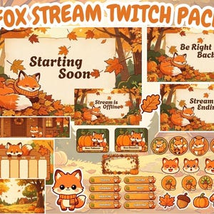 May include: A digital stream overlay pack featuring a fox theme with autumn leaves and pumpkins. Includes screens with text like Starting Soon, Be Right Back, Stream is Offline, and Stream Ending, plus various buttons, icons, and character graphics.