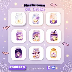 Cute Mushroom Sub Badges, Cottagecore Magic Jar Twitch Bit Badges, Cozy Stream Graphics, Kawaii Witchy Fall Emotes, Discord Roles