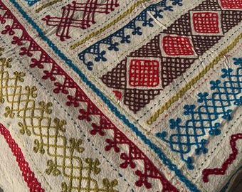 May include: Close-up of a white textile with intricate embroidery. The design features geometric patterns in red, blue, yellow, and green. The edges are trimmed with a red border, showcasing a detailed craft.