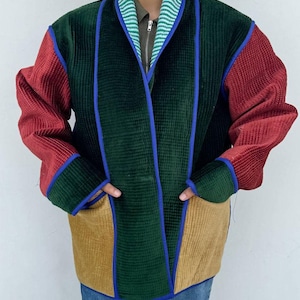 Velvet Quilted Patchwork Coat, Handmade Boho Jacket, Colorful Vintage Patchwork Outerwear, Artistic Quilted Velvet Coat
