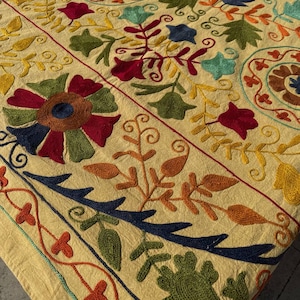 Peut inclure: Gros plan sur un textile beige avec des broderies colorées et complexes. Le motif présente des motifs floraux et géométriques dans des tons de rouge, vert, bleu, orange et jaune. La broderie est détaillée et couvre la surface du tissu.