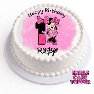 Minnie Mouse-taarttopper | Gepersonaliseerde naam en leeftijd | Thema verjaardagsfeestje | Eetbare afdruk