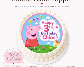 Pink Cartoon Pig Cake Topper | Personalized Name & Age | Birthday Party Theme | Edible Print Image