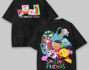 Retro Cartoon Graphic Tee, Vintage Smiling Friends Bootleg Shirt, Pink and Yellow Character Acid Wash Tee, Heavyweight Weird Animation Tee