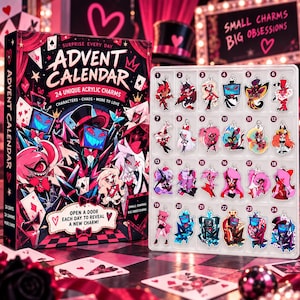 May include: An advent calendar box featuring 24 unique acrylic charms with character illustrations, titled ADVENT CALENDAR, SURPRISE EVERY DAY, and SMALL CHARMS BIG OBSESSIONS. The set includes a clear tray displaying 24 numbered character charms.