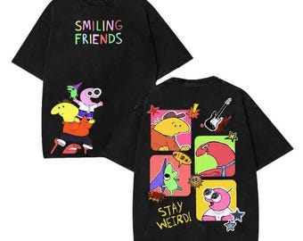 Retro Cartoon Graphic Tee, Vintage Smiling Friends Bootleg Shirt, Pink and Yellow Character Acid Wash Tee, Heavyweight Weird Animation Tee