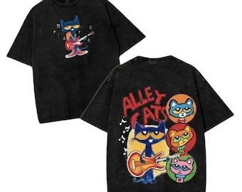 Retro Blue Cat Playing Guitar Washed T-Shirt, Vintage Alley Cats Graphic Tee, Heavyweight Cotton Rock Band Music Shirt, Cute Cartoon Kitten