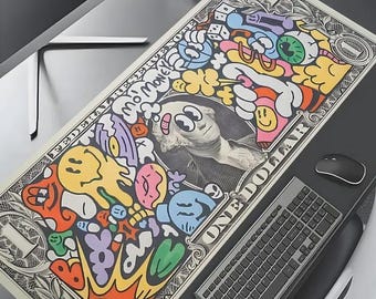 Doodle Cartoon Dollar Desk Mat, Graffiti Street Art Mousepad, Retro Pop Art Table Cover, Cool Hypebeast Desk Blotter, Large Gaming Setup