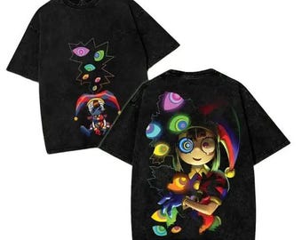 Pomni Digital Jester Vintage Washed T-Shirt, Double Printed Colorful Clown Graphic Tee, Trippy Eyes Abstract Top, Acid Wash Circus