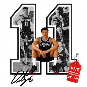 Pode incluir: Gráfico a preto e branco com um jogador de basquetebol com a camisola dos Spurs, integrado na forma do número 11. A imagem inclui a assinatura do jogador e uma etiqueta vermelha com "PNG Transparent Background 300 DPI".