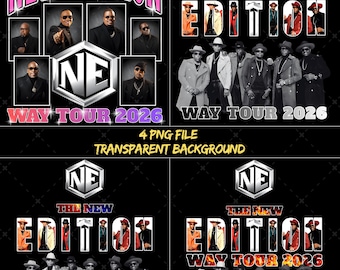 Puede incluir: Un diseño digital con el texto "NEW EDITION" en rosa, con imágenes de los miembros de la banda. El diseño incluye el texto "WAY TOUR 2026" y "4 PNG FILE TRANSPARENT BACKGROUND". El diseño se repite cuatro veces.