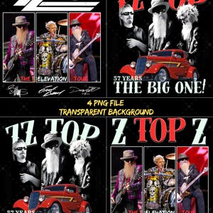 May include: A collection of ZZ Top-themed graphics. The images feature the band members, a red vintage car, and text that reads "57 Years" and "The Big One!" The graphics are designed for a transparent background.