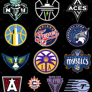 Puede incluir: Una colección de doce logotipos de equipos de la WNBA dispuestos en una cuadrícula sobre un fondo negro. Los logotipos presentan varios diseños gráficos, incluyendo balones de baloncesto, nombres de equipos como Aces, Fever, Lynx, Mystics, Sun y Valkyries.