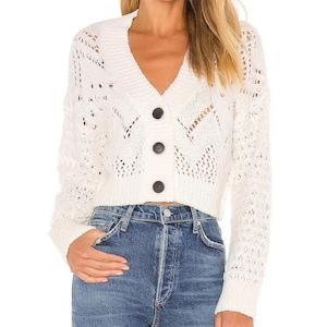 Free People Chloe Cardigan Size Small Cream/white Knit V-Neck 3 Button cropped image 1