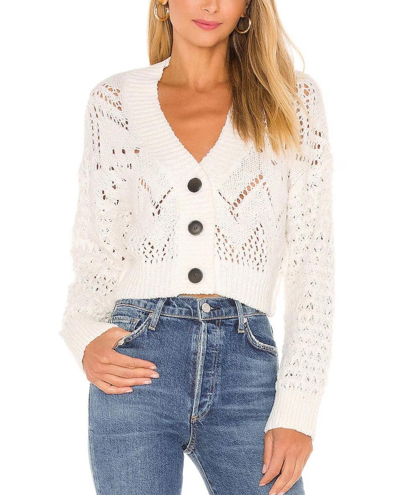 Free People Chloe Cardigan Size Small Cream/white Knit V-Neck 3 Button cropped image 1