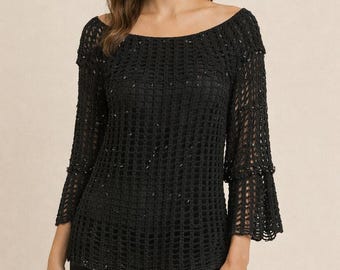 Vintage Bob Mackie Large black blouse crochet beaded bell sleeves off shoulder Rare