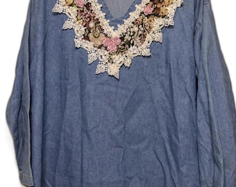 Monique Fashion plus 2X Vintage 80's Boho, Lace Cottagecore Denim Blouse