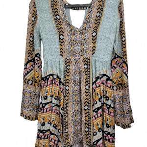 Free People 4 Tegan - Minirobe imprimée à bordures et manches cloche femme Boho bleu image 1