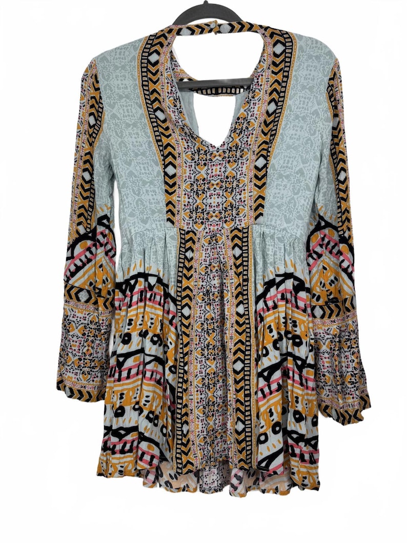Free People 4 Tegan - Minirobe imprimée à bordures et manches cloche femme Boho bleu image 1