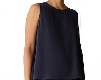 Eileen Fisher zijden georgette crêpe tanktop met ronde hals marineblauw