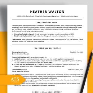 May include: A resume titled "HEATHER WALTON" with a black pencil on a yellow background. The resume details professional experience and skills, including digital marketing expertise. The document is labeled "ATS FRIENDLY".