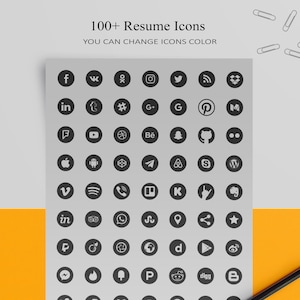 May include: A sheet of paper with a collection of social media and professional icons in black circles. The text "100+ Resume Icons" and "YOU CAN CHANGE ICONS COLOR" are at the top. A pencil rests on the orange surface.