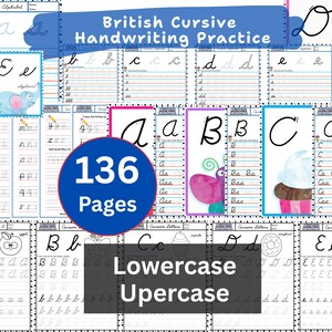 Könnte beinhalten: Übungsblätter für britisches Schreibschrift, mit Groß- und Kleinbuchstaben. Das Bild zeigt 136 Seiten mit Schreibübungen, einschließlich Vorlagen und Illustrationen. Ideal für das Erlernen der Schreibschrift.