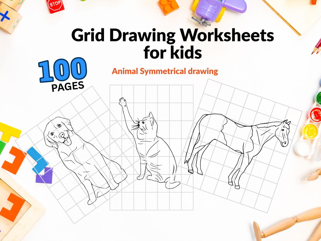 Animal Grid Drawing Worksheets for Kids | Step-by-step Art (printable ...