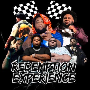 May include: A promotional graphic with multiple images of a male artist, with the text "REDEMPTION EXPERIENCE" in a white, stylized font. The background is black, with checkered flags and lightning bolt graphics.