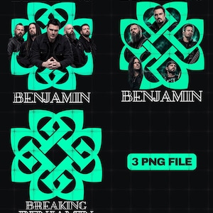 May include: A digital graphic set featuring the Breaking Benjamin logo in bright cyan. The collection includes three PNG files: one with the band members arranged within the logo, another with a different band photo layout, and one logo only.
