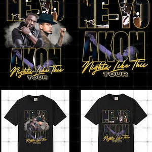 May include: Black t-shirts featuring a graphic design with the text "NE-YO AKON Nights Like This TOUR". The design includes images of the artists. The shirts are displayed on a grid background.