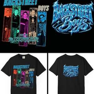 Puede incluir: Una camiseta negra de manga corta con un gráfico de los Backstreet Boys en la parte delantera, con cinco retratos individuales en marcos de colores y el texto Into the Millennium. La parte trasera muestra un gran logotipo metálico azul.