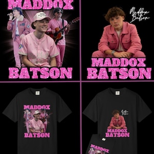 May include: A collage featuring images of Maddox Batson. The top left image shows a group of people in pink outfits. The top right image shows a person in a pink outfit. The bottom images show black t-shirts with Maddox Batson graphics.