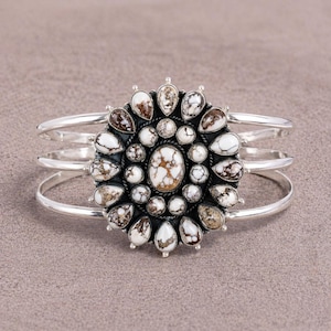 Sterling Silver White Horse Turquoise Cluster Cuff Bracelet, Boho Statement Bangle