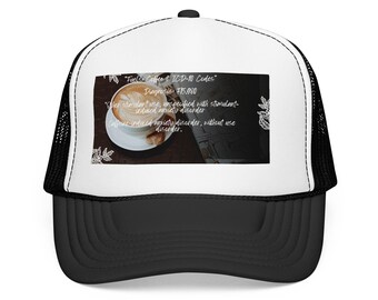 Latte Art Photo Foam Trucker Hat | Coffee Cup Design, Floral Accents
