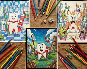 Kids Dental Health Activity Bundle | Superhero Coloring Pages, Editable Stickers (Digital Download)