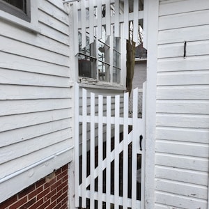 May include: A white picket fence gate attached to a white building. The gate has vertical slats and a diagonal support. The building has white siding and a red brick foundation. A window is visible behind the fence.